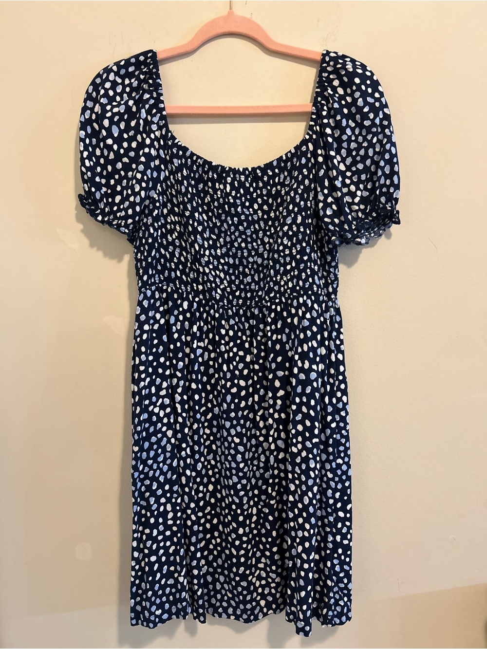 Roxy Brand Navy‎ Blue Puff Sleeve Smocked Dress with White Dot Print